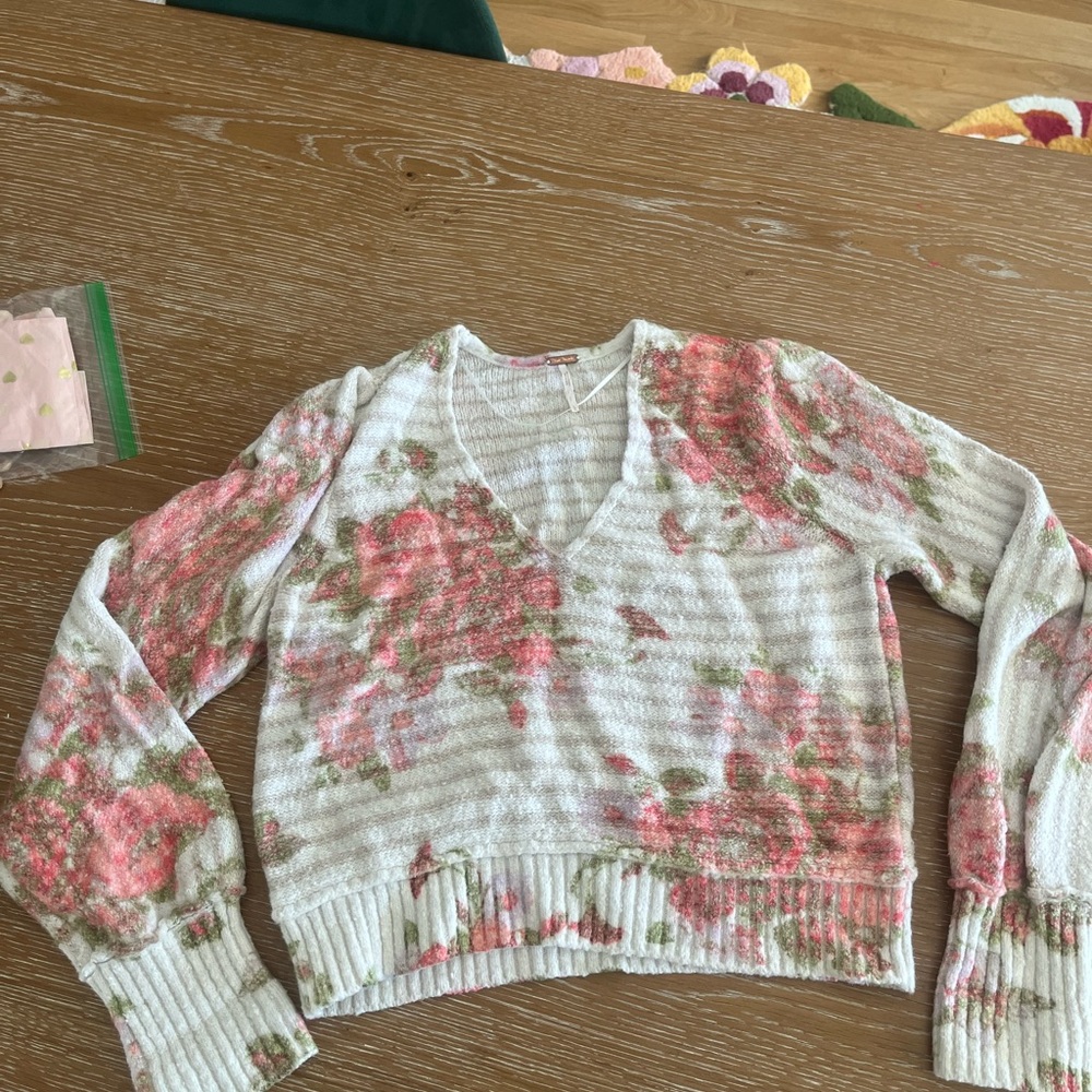Free People Floral V-Neck Sweater - Pink and Green